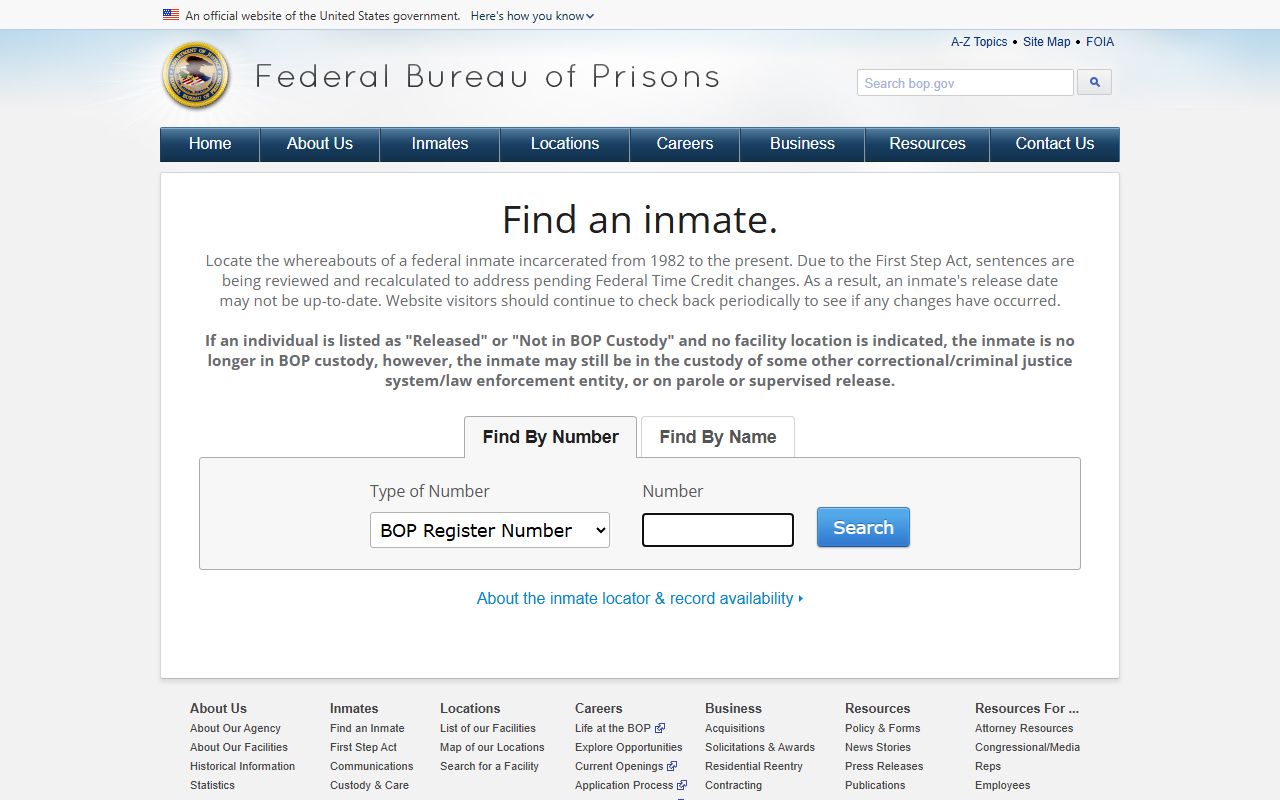 Federal BOP inmate locator search form used alongside the Perry County inmate population search