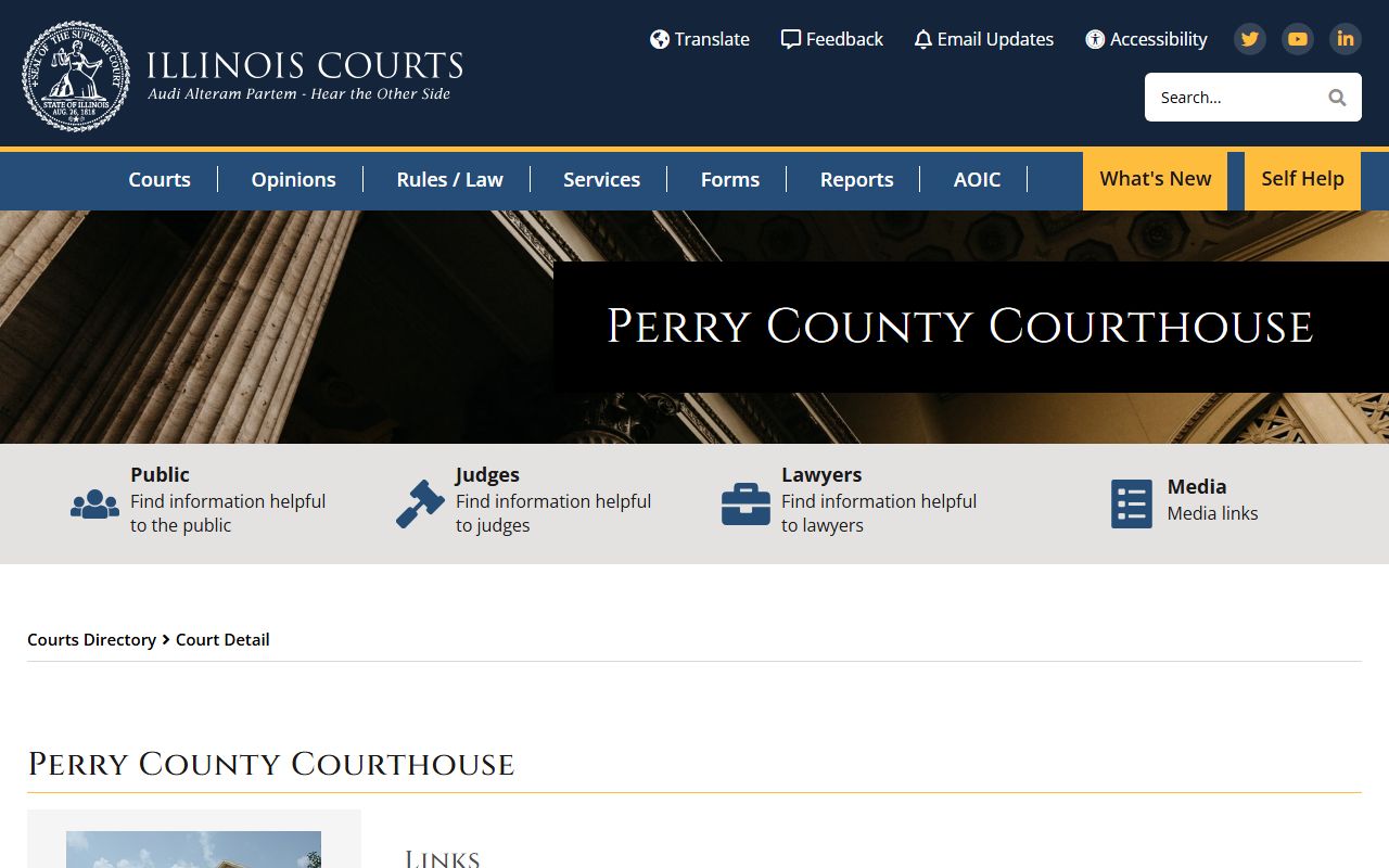 Illinois Courts directory page for Perry County court records after a jail arrest