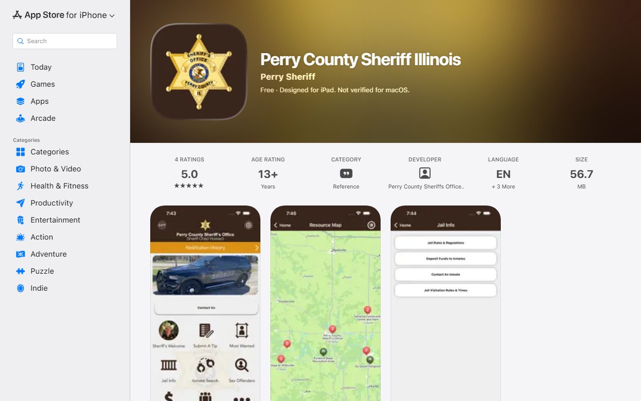 Perry County Sheriff Illinois app store listing for Perry County inmate records
