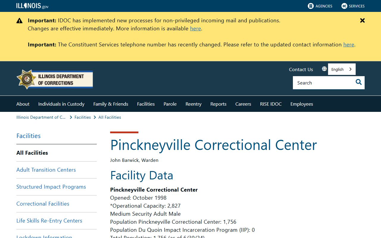 Pinckneyville Correctional Center IDOC facility page for the Perry County inmate population